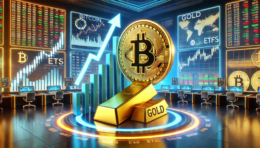 Bitcoin, Goud, ETF, BlackRock, Investering, Digitale Activa, Cryptovaluta, Institutionele Investeringen, Markttrends, Financiële Markten